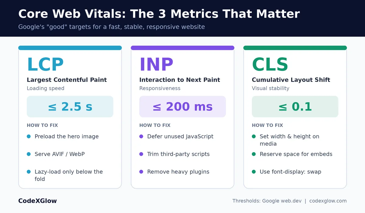 Core Web Vitals infographic showing LCP, INP and CLS targets and how to fix each